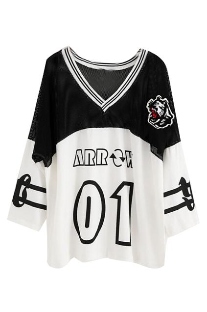 Romwe Letters Print V-neck Mesh Loose T-shirt