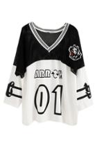 Romwe Letters Print V-neck Mesh Loose T-shirt