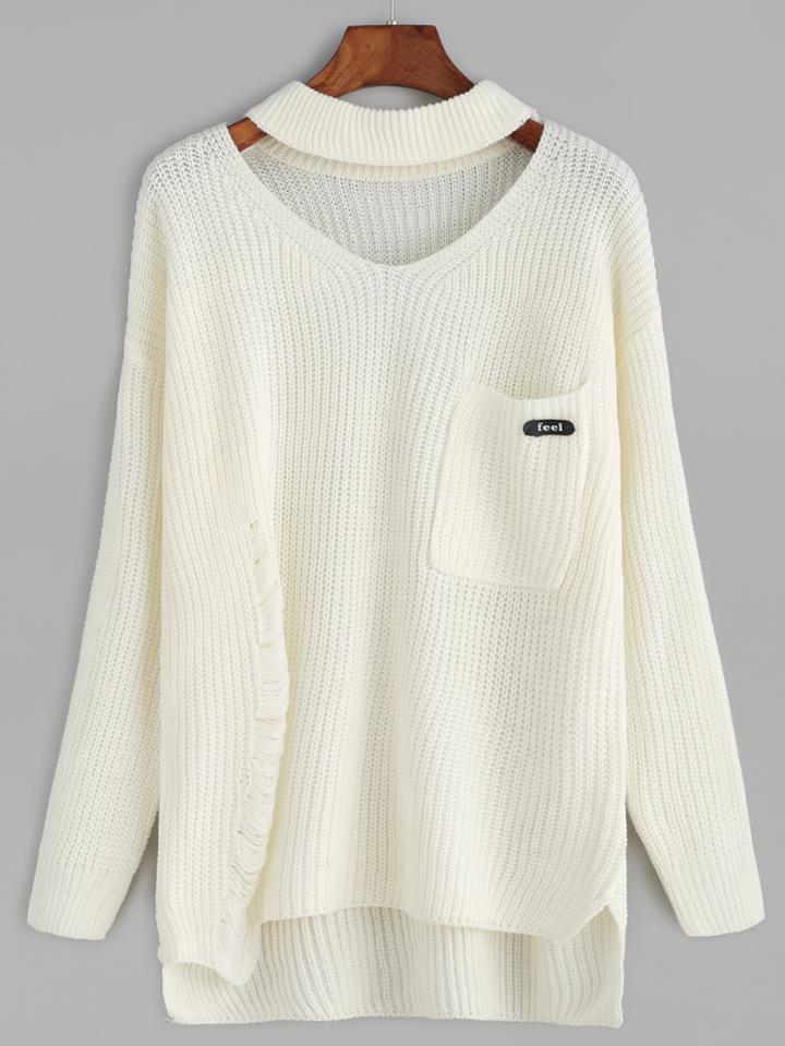 Romwe Beige Choker Neck Ripped Detail Pocket Sweater