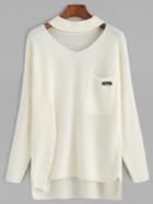 Romwe Beige Choker Neck Ripped Detail Pocket Sweater