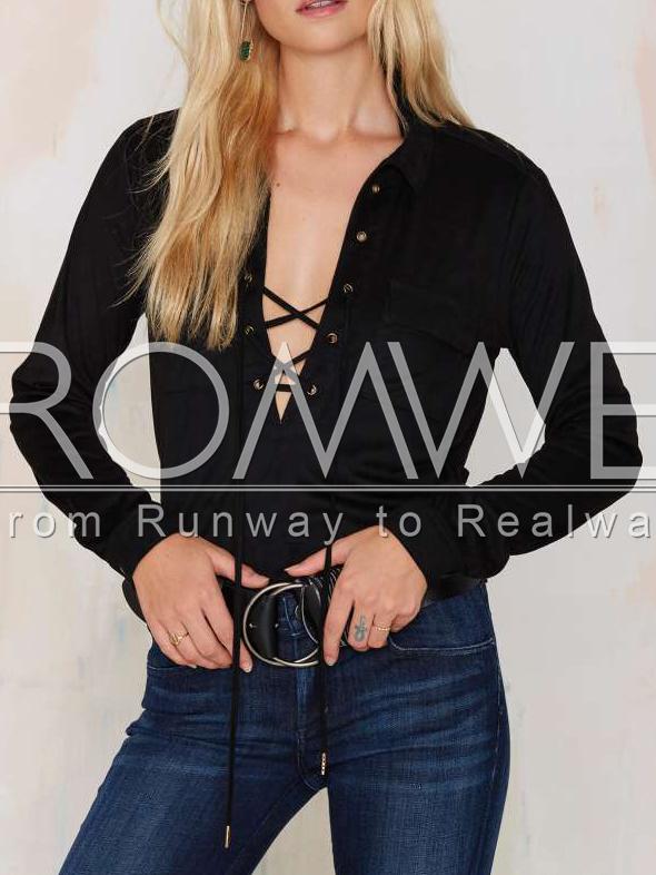 Romwe Black Deep V Neck Lace Up T-shirt