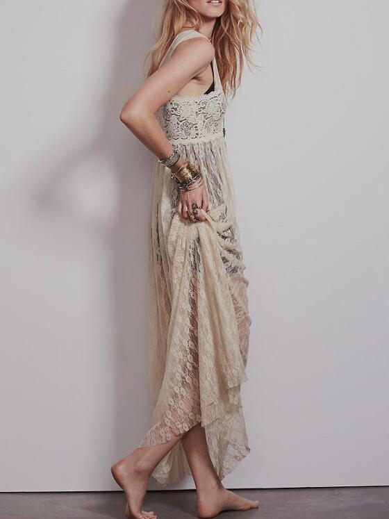 Romwe Suspenders Slit Lace Maxi Apricot Dress