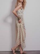 Romwe Suspenders Slit Lace Maxi Apricot Dress
