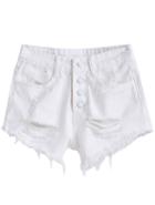 Romwe With Buttons Ripped Fringe Denim White Shorts