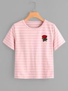 Romwe Embroidered Rose Patch Striped Tee