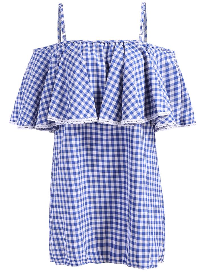 Romwe Off The Shoulder Plaid Ruffle Dress