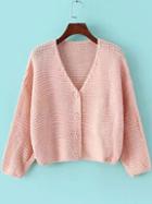 Romwe V Neck Button-down Crop Pink Cardigan