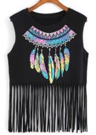 Romwe With Tassel Feather Print Tank Top