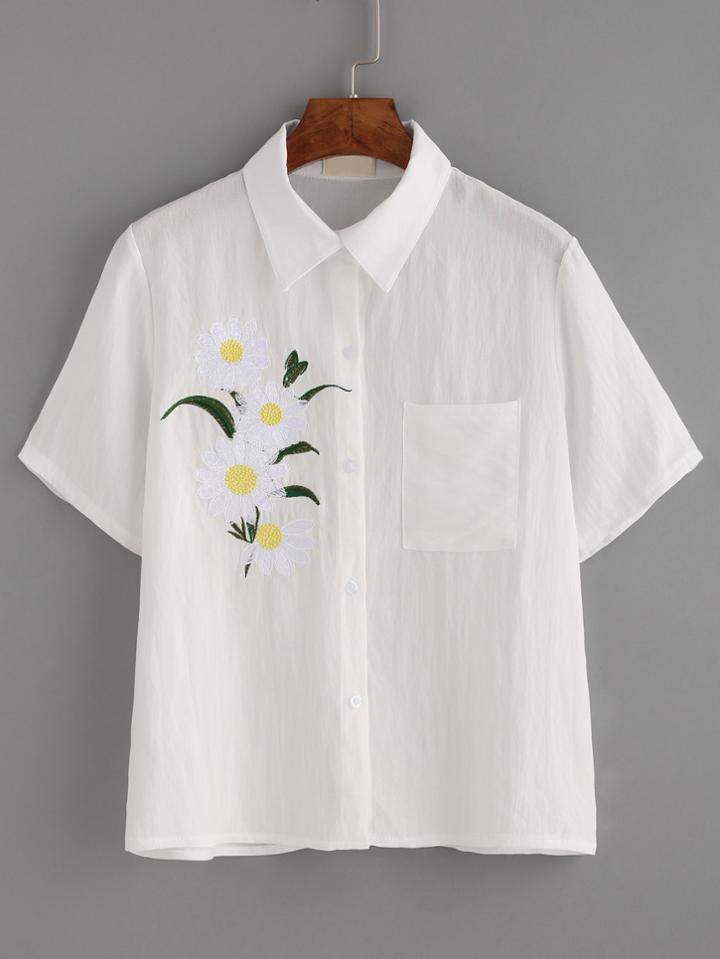 Romwe White Daisy Embroidered Pointed Collar Blouse