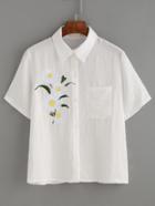 Romwe White Daisy Embroidered Pointed Collar Blouse