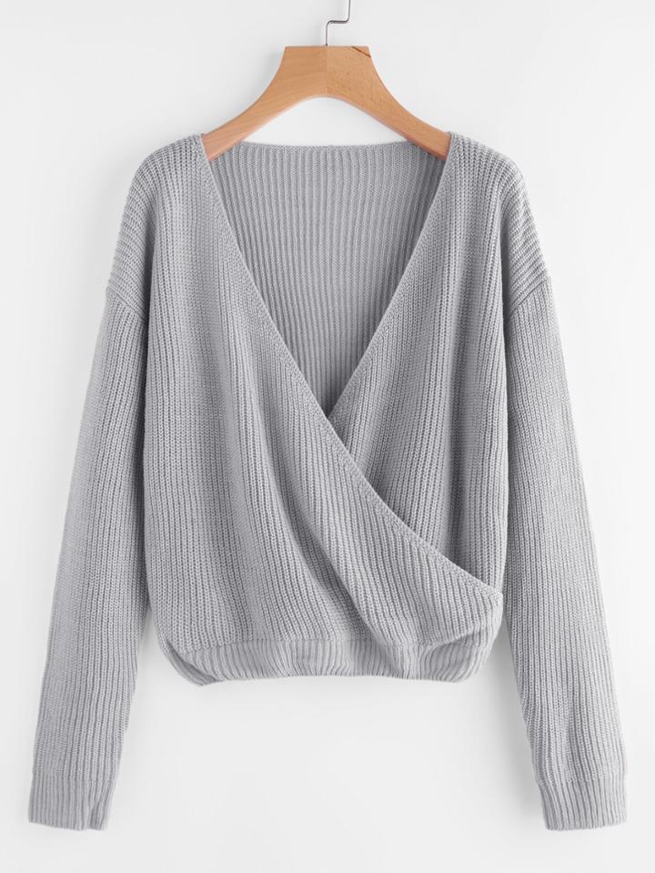 Romwe Drop Shoulder Surplice Front Sweater
