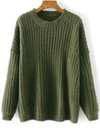 Romwe Army Green Round Neck Drop Shoulder Sweater