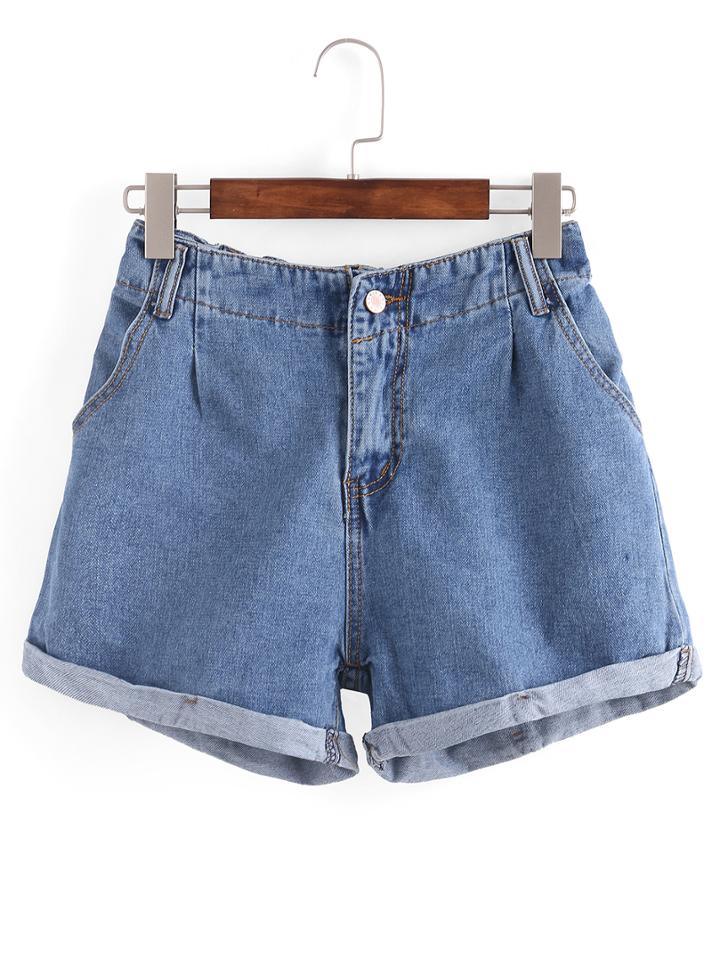 Romwe Rolled Hem Blue Denim Shorts