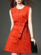 Romwe Orange Round Neck Sleeveless Tie-waist Dress