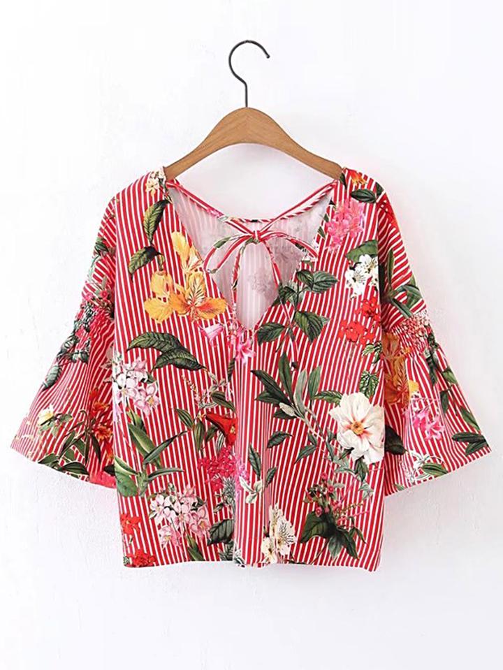 Romwe Tie Neck Vertical Striped Floral Top