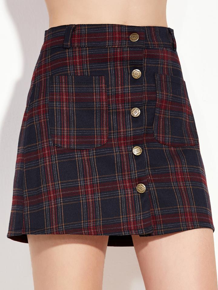 Romwe Plaid Button Front A-line Skirt With Pocket