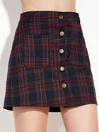 Romwe Plaid Button Front A-line Skirt With Pocket