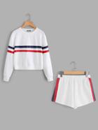 Romwe Striped Tape Applique Pullover And Shorts Set