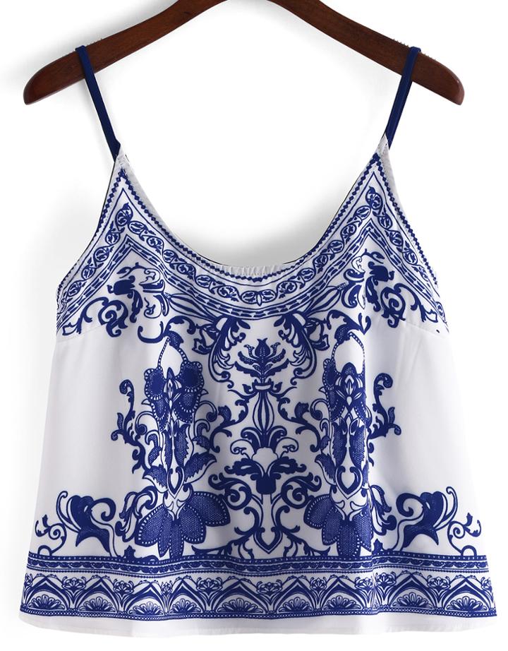 Romwe Spaghetti Strap Pastel Floral Print Blue Cami Top