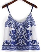 Romwe Spaghetti Strap Pastel Floral Print Blue Cami Top