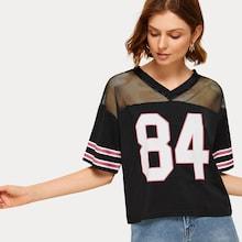 Romwe Mesh Panel Letter Print Baseball Tee