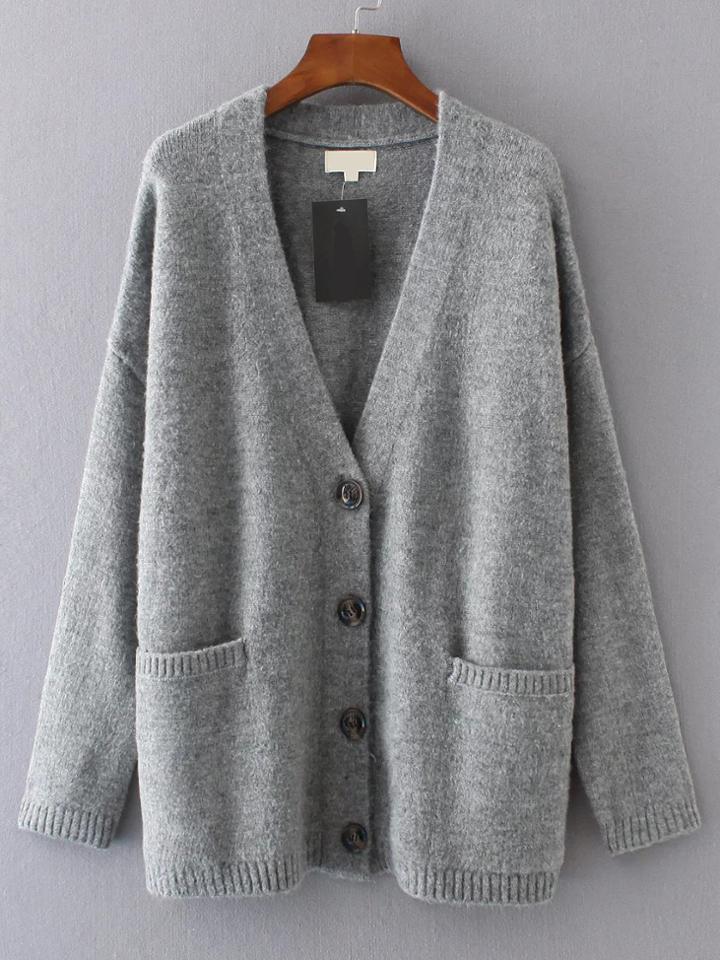 Romwe Grey V Neck Drop Shoulder Pocket Cardigan