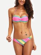 Romwe Colorful Stripe Halter Ruched Bikini Set