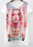 Romwe Dip Hem Beauty Print White T-shirt