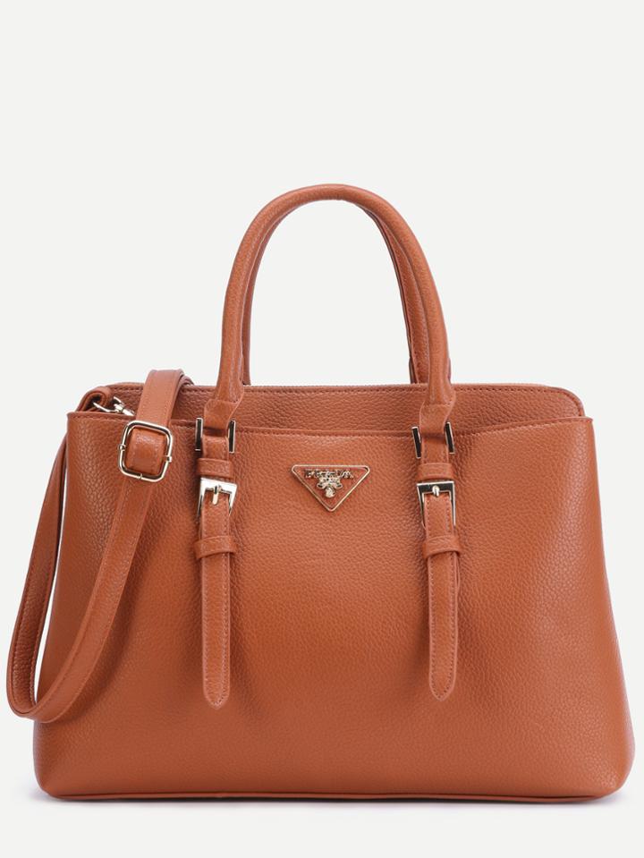 Romwe Brown Pebbled Pu Double Buckle Handbag With Strap