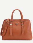 Romwe Brown Pebbled Pu Double Buckle Handbag With Strap
