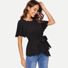 Romwe Scallop Trim Belted Top
