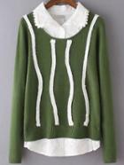 Romwe Lapel Embroidered Contrast Trims Green Sweater With Beaded