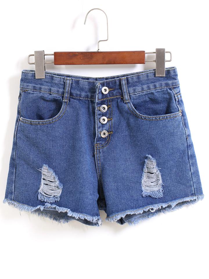 Romwe With Buttons Ripped Fringe Denim Shorts