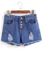 Romwe With Buttons Ripped Fringe Denim Shorts
