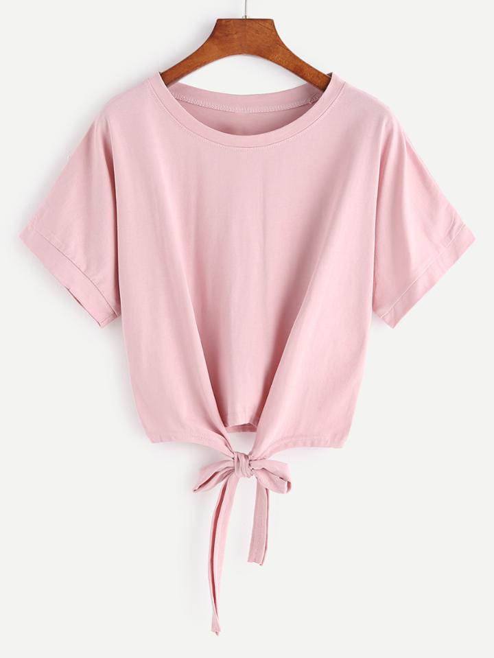 Romwe Pink Tie Front Crop T-shirt