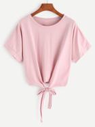 Romwe Pink Tie Front Crop T-shirt