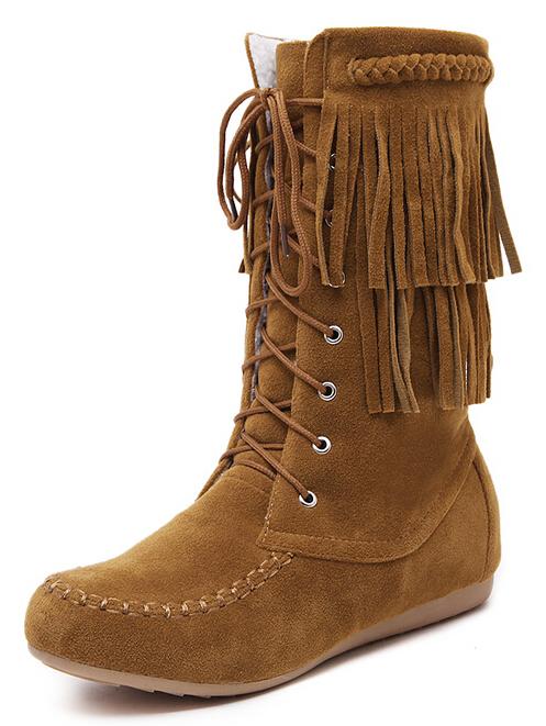 Romwe Brown Lace Up Tassel Boots