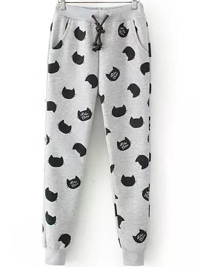 Romwe Drawstring Cat Print Pale Grey Pant