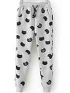 Romwe Drawstring Cat Print Pale Grey Pant