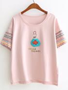 Romwe Pink Fish And Letter Print T-shirt