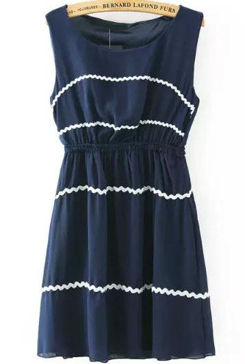 Romwe Contrast Edge Chiffon Pleated Navy Dress