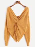 Romwe Yellow Double V Neck Knotted Back Fuzzy Sweater