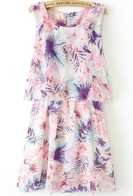 Romwe Sleeveless Ruffle Florals Chiffon Pink Dress