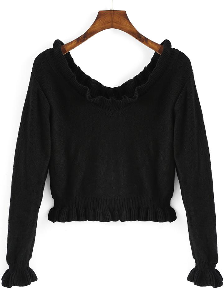 Romwe V Neck Crop Black Sweater