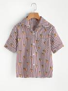 Romwe Pineapple Print Random Striped Shirt With Chest Pocket