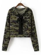Romwe Flower Embroidered Lace Up Camo Hoodie