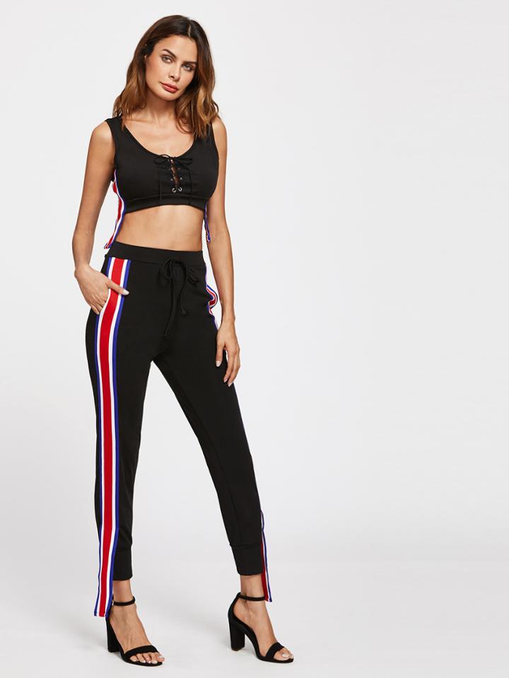 Romwe Contrast Striped Tape Side Lace Up Top With Sweatpants