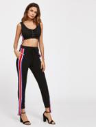 Romwe Contrast Striped Tape Side Lace Up Top With Sweatpants