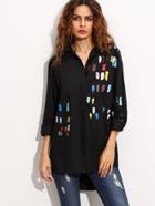 Romwe Black Print High Low Shirt