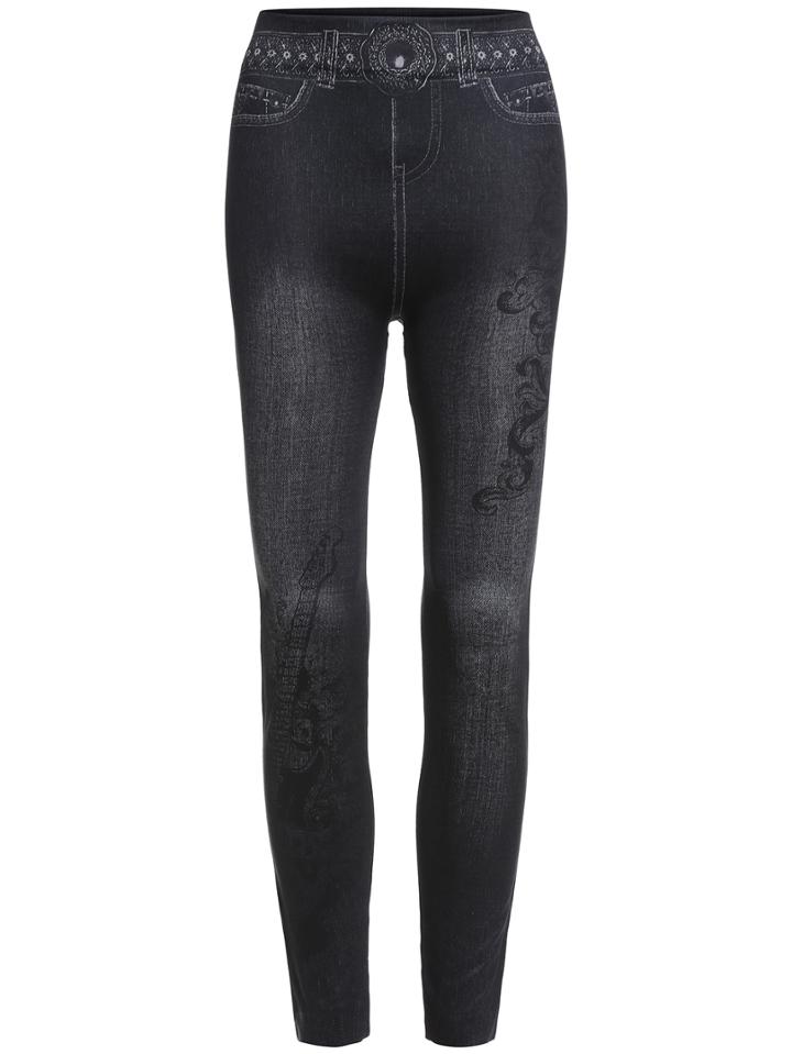 Romwe Flower Print Denim Black Leggings